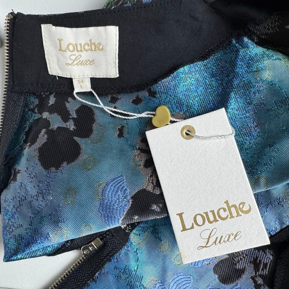 Louche Luxe Women’s 14 Black Green Gold Blue Floral Brocade Sleeveless Top New — image 7 of 8